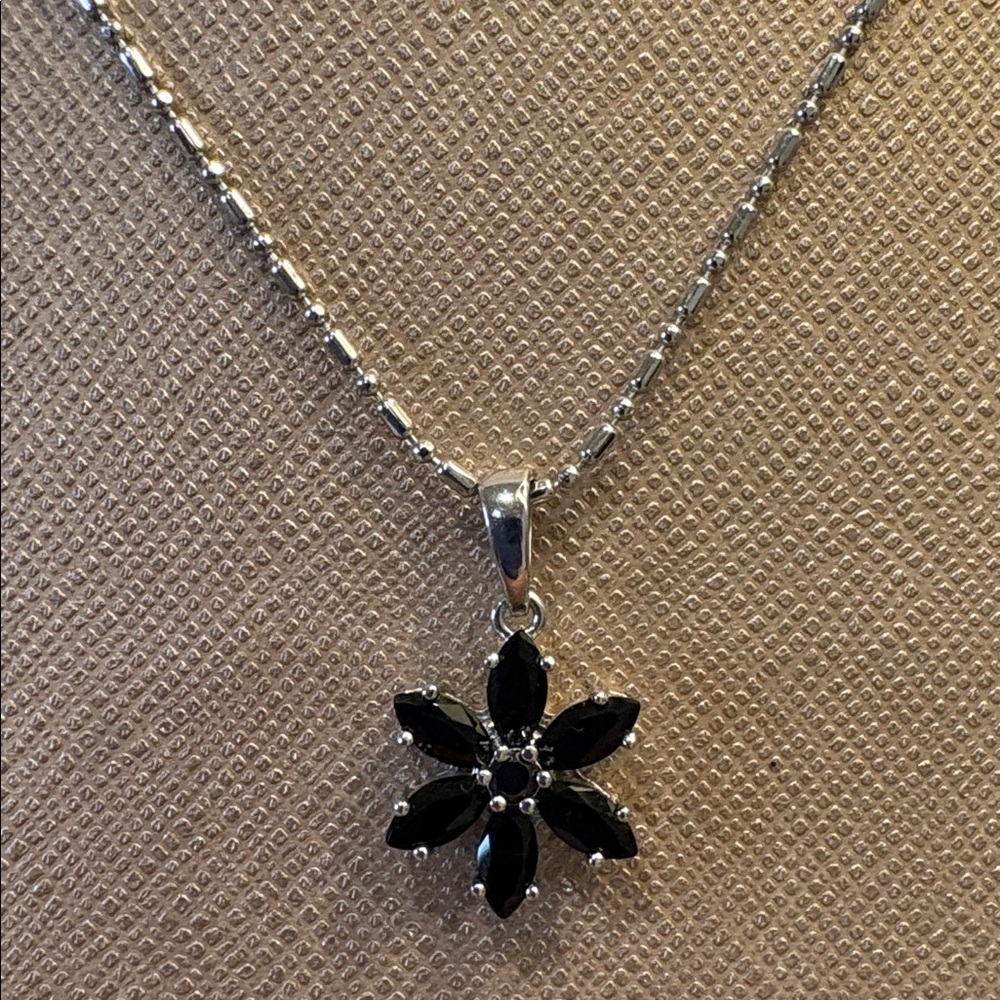 Black crystal flower necklace and earrings set silver plated 18”